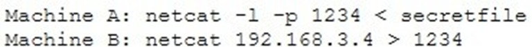 An attacker runs netcat tool to transfer a secret file between two hosts.